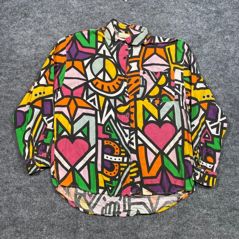 Vintage Jordache Abstract Geometric Heart Peace Print Rayon Shirt Mens Large